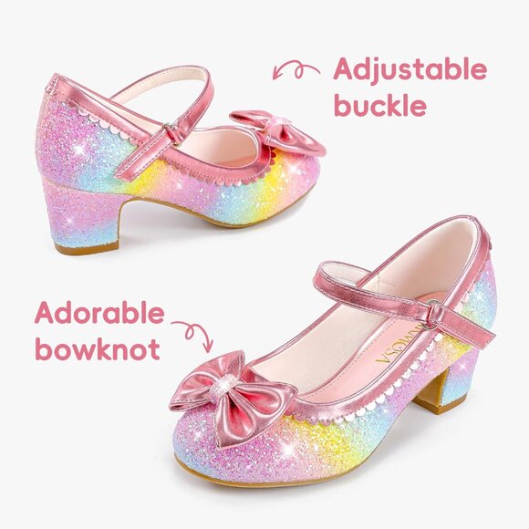 Girls Rainbow Sequins Cute Bow-knot Sparkle Mary Jane Flower Wedding Dress Shoes - Picture 5 of 7
